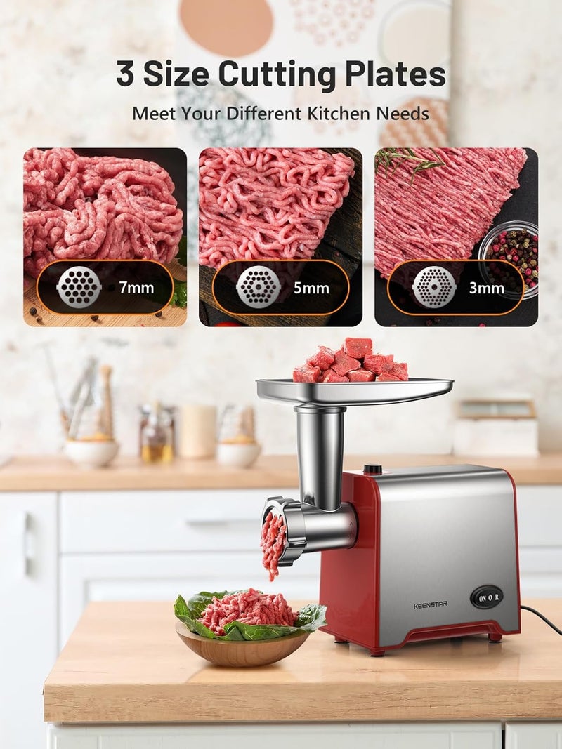 KEENSTAR Electric Meat Grinder, Sausage Stuffer Maker 450W Food Grinder with Blade & 3 Plates, Sausage Stuffer Tubes & Kubbe Kit, Stainless Steel Meat Mincer Machine for Home Kitchen Use (Red) - Image 3